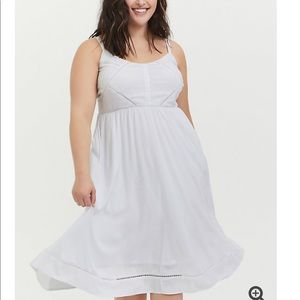 White stretch woven crochet inset button midi